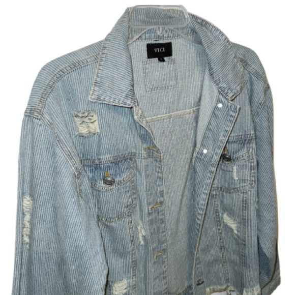 Vici Denim Blue Stripe Distressed Jean Jacket Sz Small Grunge Thrashed skater - Picture 6 of 8